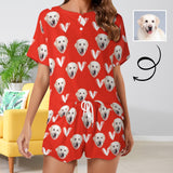 Custom Face Your Dog Red Print Pajama Set Women's Short Sleeve Top and Shorts Loungewear Athletic Tracksuits