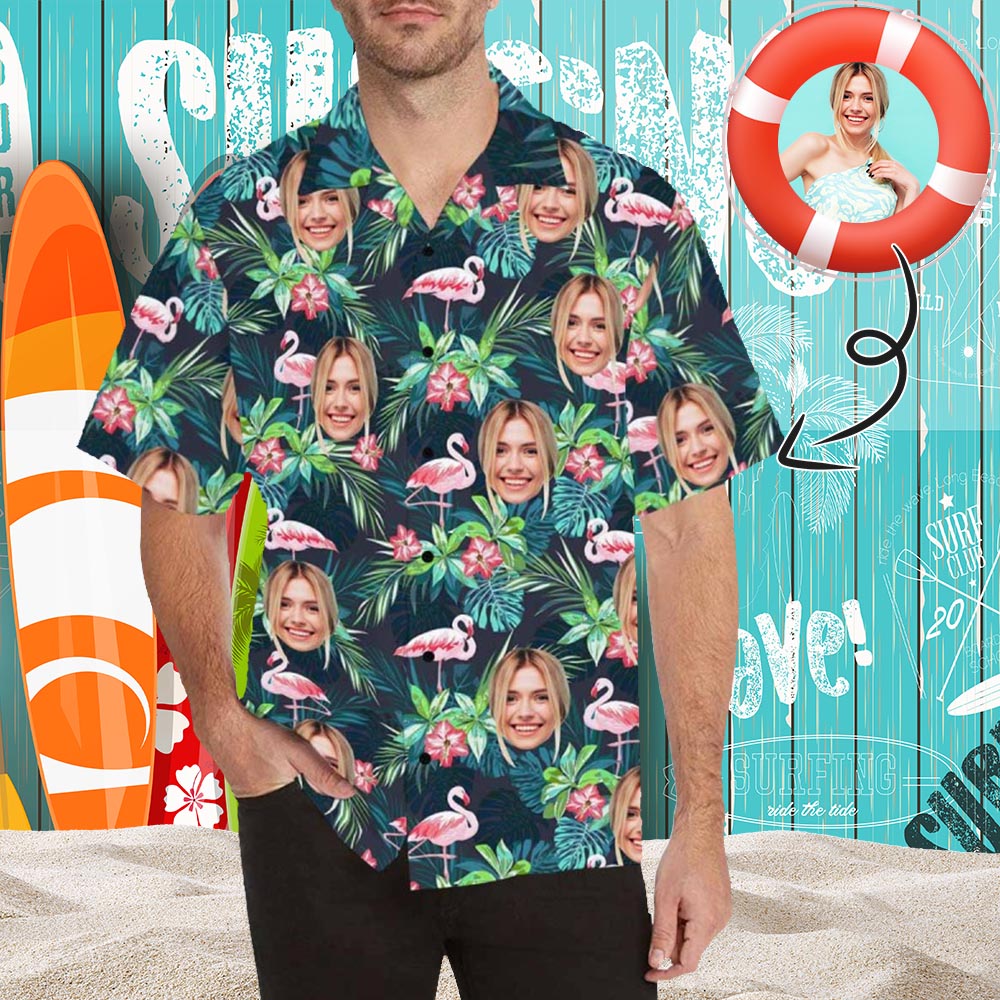 Custom Face Flamingo Men's All Over Print Hawaiian Shirt, Personalized Aloha Shirt With Photo Summer Beach Party As Gift for Vacation