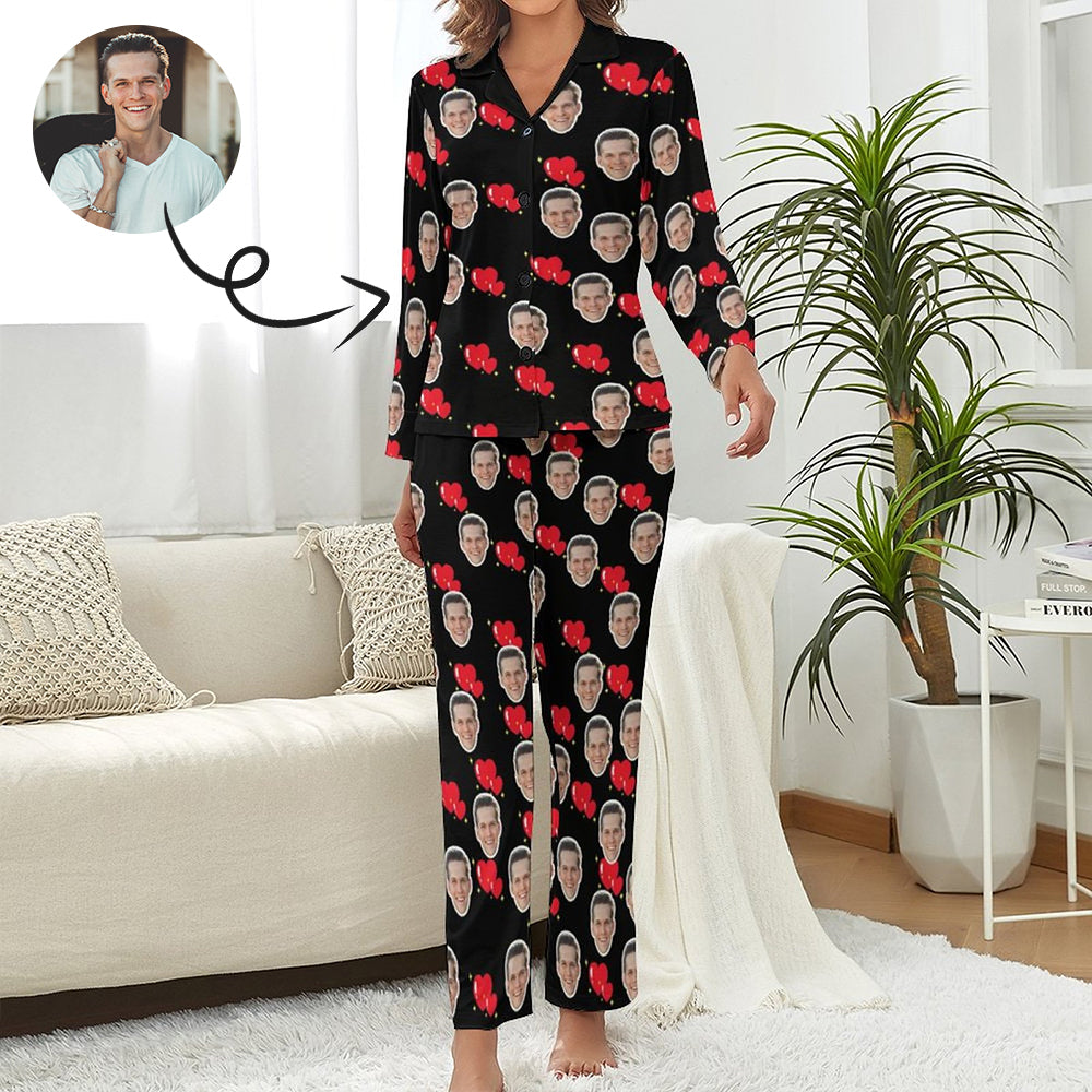 Custom Face Pajamas Boyfriend Heart Black Sleepwear Personalized Women's Long Pajama Set