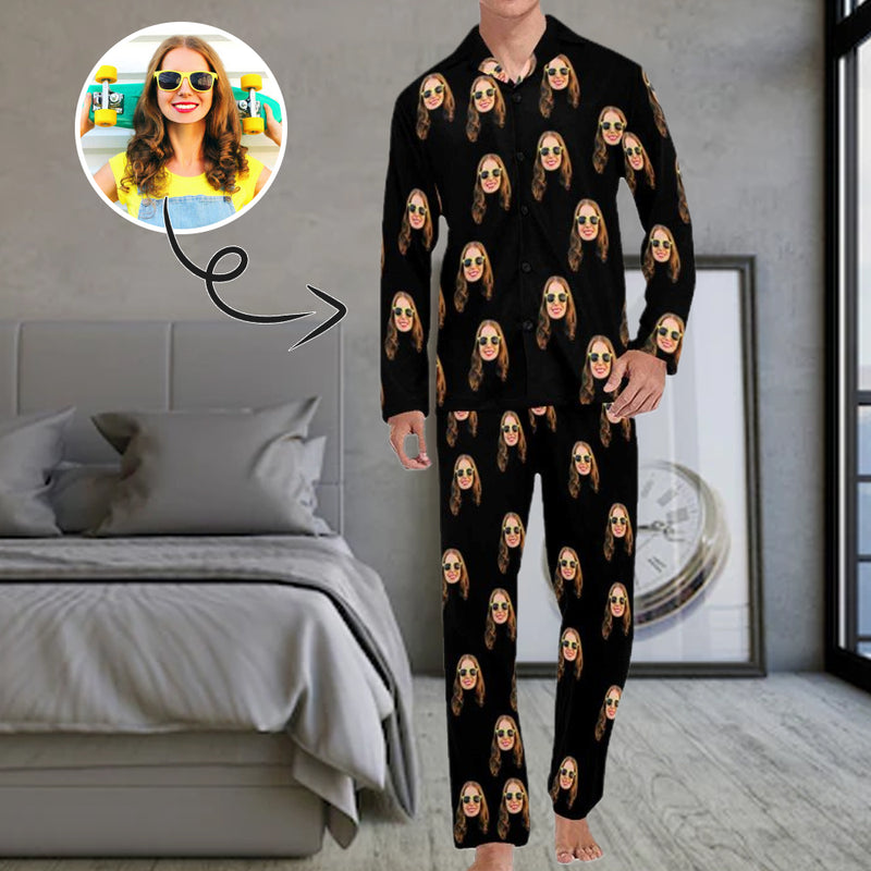 Persoanlized Sleepwear Custom Face Black Men's Long Pajama Set