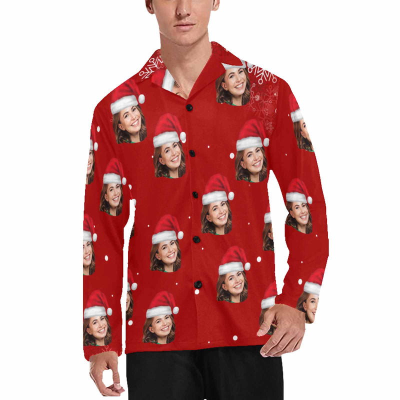 Pajama Shirt-Custom Face Pajamas Christmas Men's Sleepwear Personalized Photo Men's V-Neck Long Pajama Top