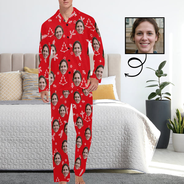 Custom Face Pajamas Line Trig Red Sleepwear Personalized Men's Long Pajama Set