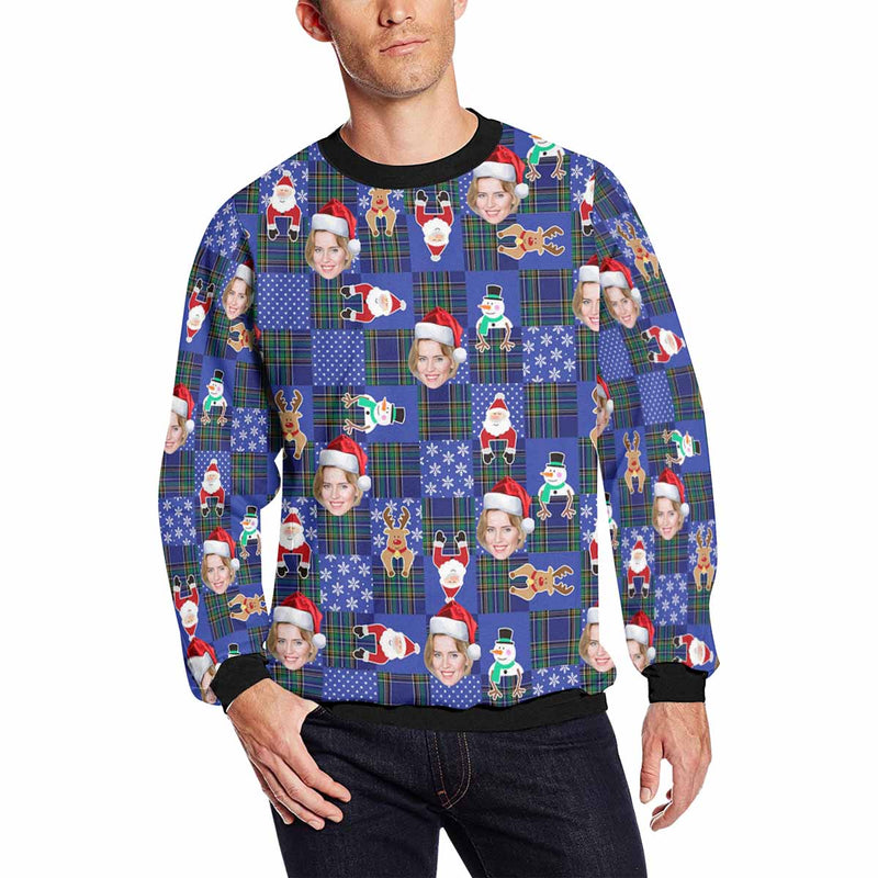 Personalized Christmas Deer Blue With Face, Custom Photo Men's All Over Print Crewneck Sweatshirt