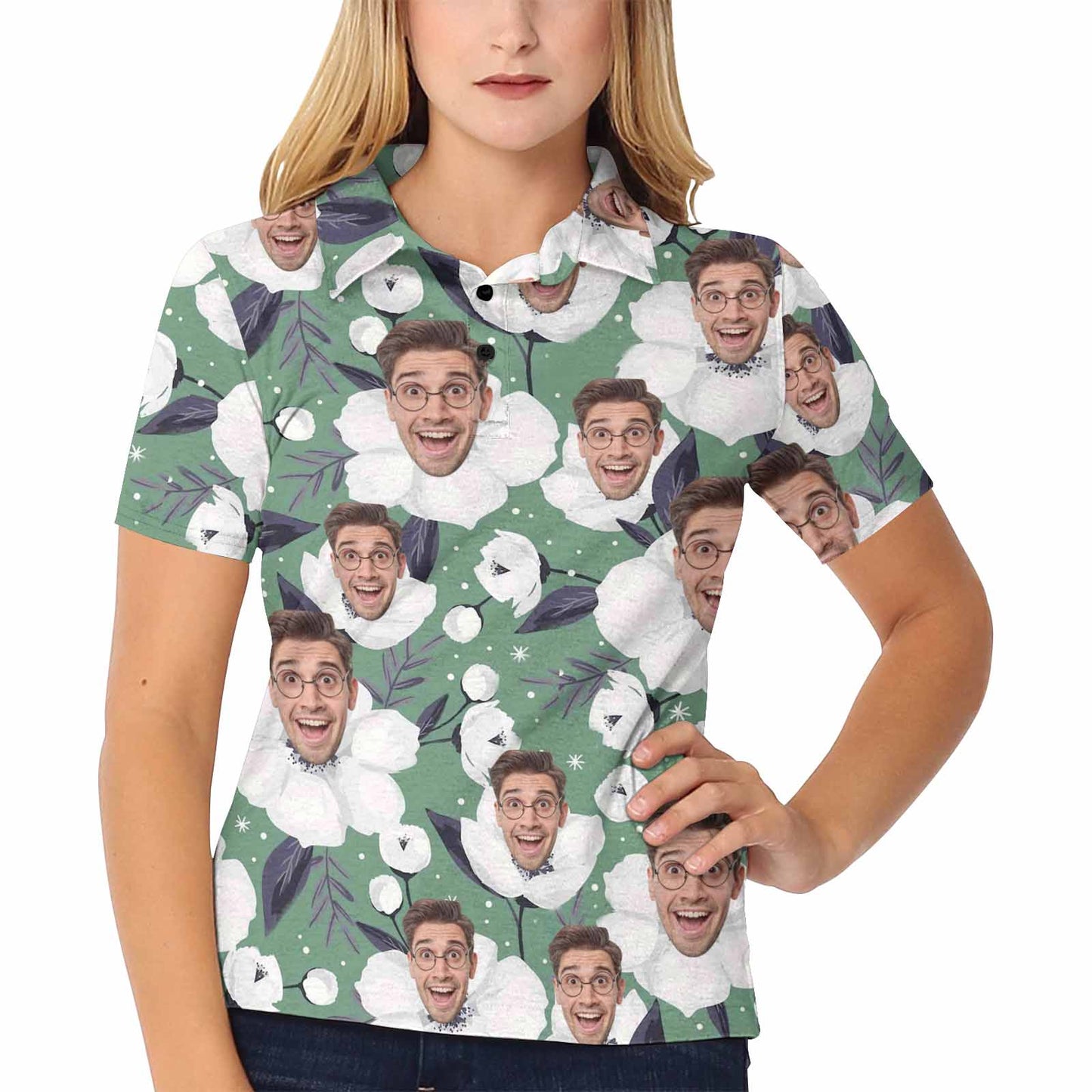 Custom Face White Flowers Polo Shirt, Personlized Shirt For Women, Photo Women's All Over Print Polo Shirt