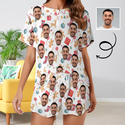 Custom Face Cartoon Pattern Print Pajama Set Women's Short Sleeve Top and Shorts Loungewear Athletic Tracksuits