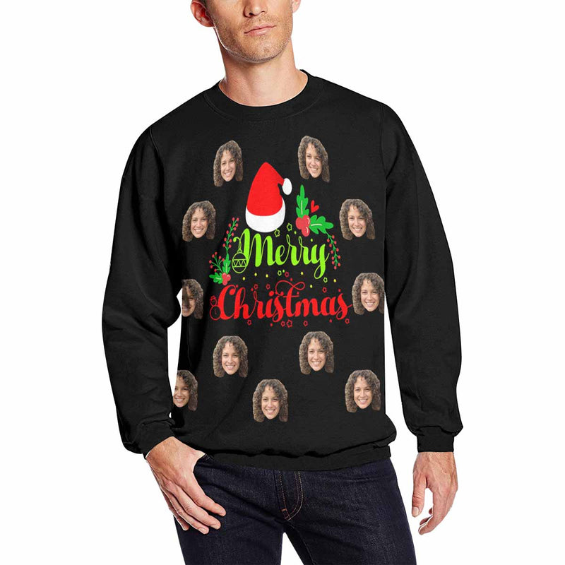 Personalized Merry Christmas&Flowers Sweater With Face, Custom Photo Men's All Over Print Crewneck Sweatshirt