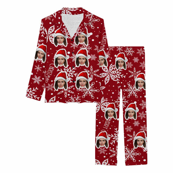 Custom Face Red Christmas Hat Snowflake Women's Long Pajama Set