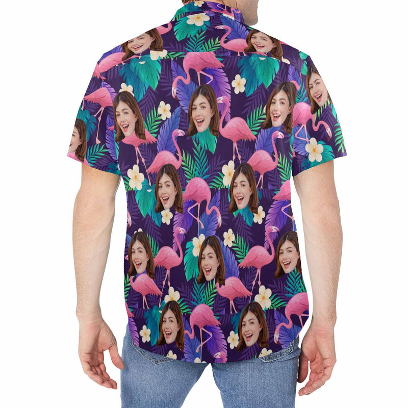 Custom Face Purple Flamingo Print Men's Crinkle Thin Hawaiian Shirt