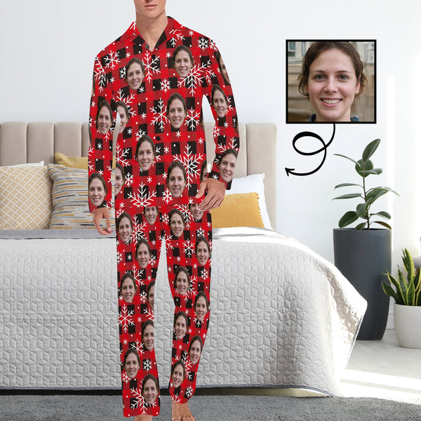 Custom Face Pajamas Red&Black Lattice Snowflake Sleepwear Personalized Men's Long Pajama Set