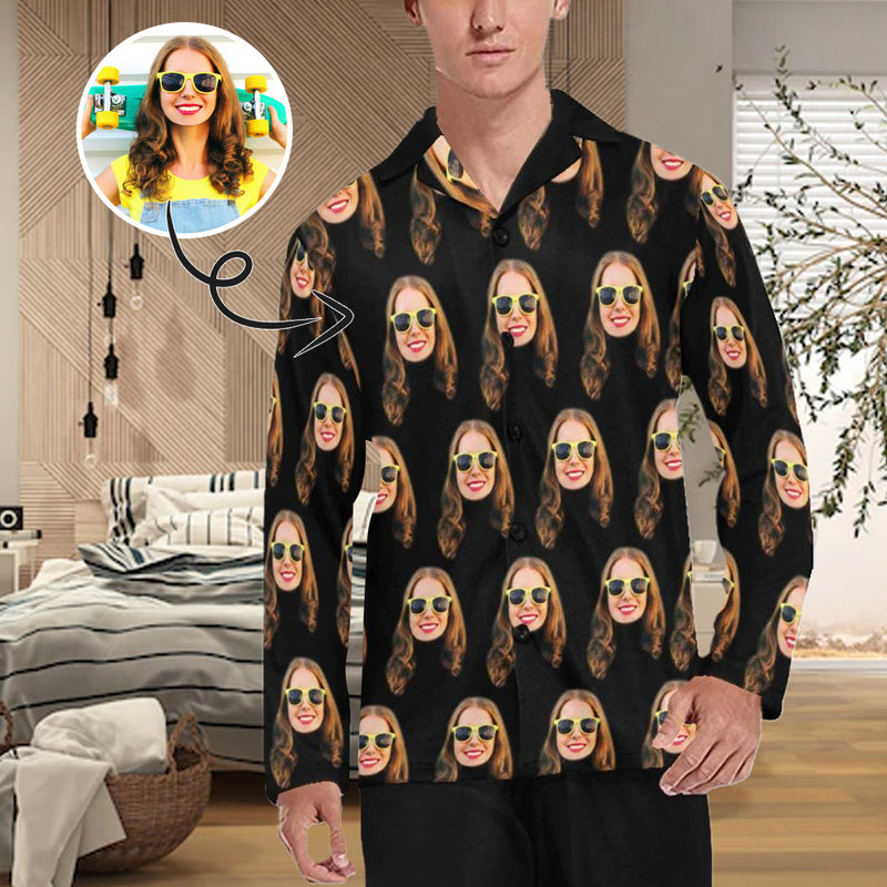 Pajama Shirt-Custom Face Pajamas Black Men's Sleepwear Personalized Photo Men's V-Neck Long Pajama Top