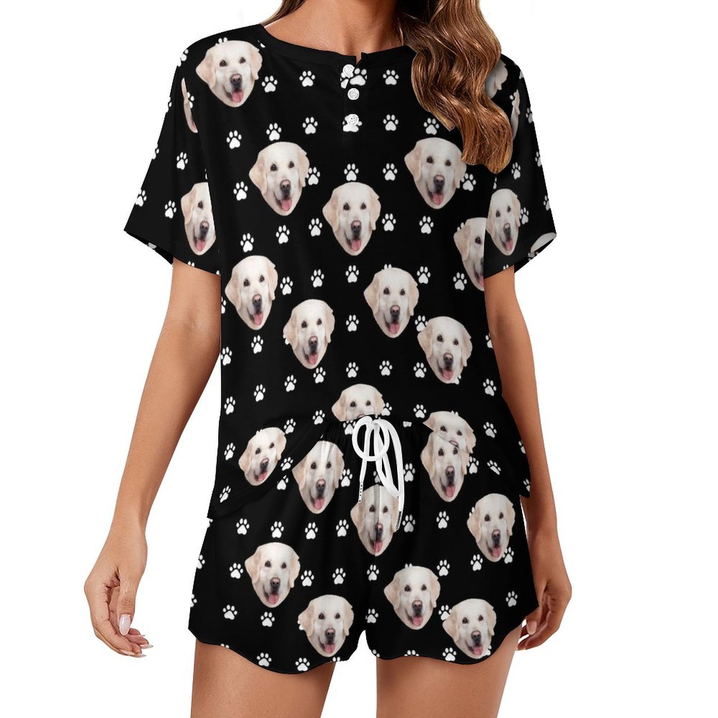 Custom Face Pet Footprint Black Print Pajama Set Women's Short Sleeve Top and Shorts Loungewear Athletic Tracksuits