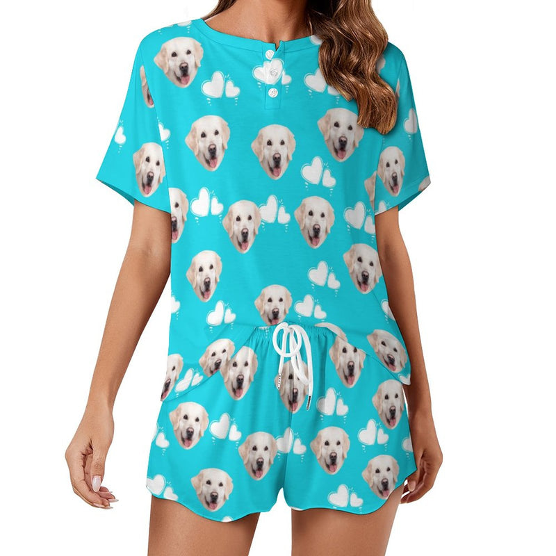 Custom Face Cute Dog White Heart Blue Print Pajama Set Women's Short Sleeve Top and Shorts Loungewear Athletic Tracksuits