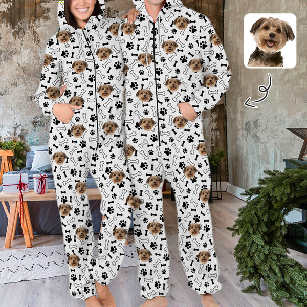 Personalized Adults Zip Onesie Custom Dog Face Unisex Hooded Onesie with Pocket Jumpsuits One-piece Pajamas