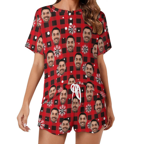 Custom Face Snowflake&Plaid Red Print Pajama Set Women's Short Sleeve Top and Shorts Loungewear Athletic Tracksuits
