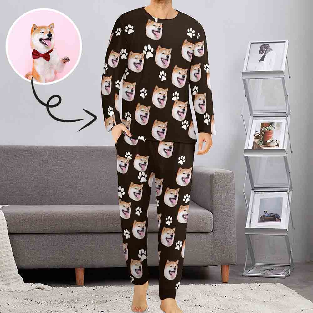 Custom Pet's Face Black Nightwear Long Sleeve Pjs for Him Personalized Photo Men's Pajamas