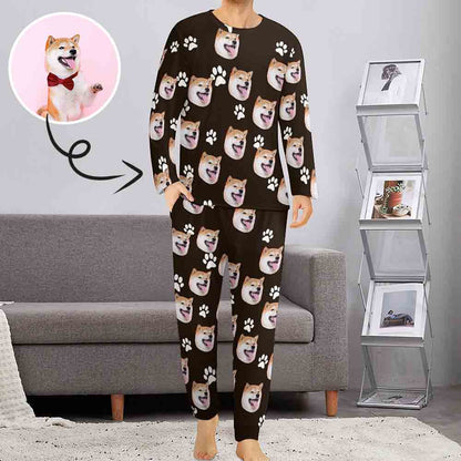 Custom Pet's Face Black Nightwear Long Sleeve Pjs for Him Personalized Photo Men's Pajamas