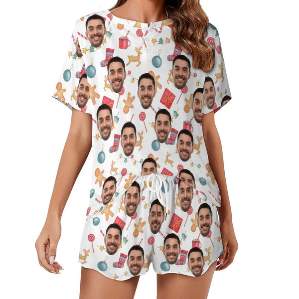 Custom Face Cartoon Pattern Print Pajama Set Women's Short Sleeve Top and Shorts Loungewear Athletic Tracksuits