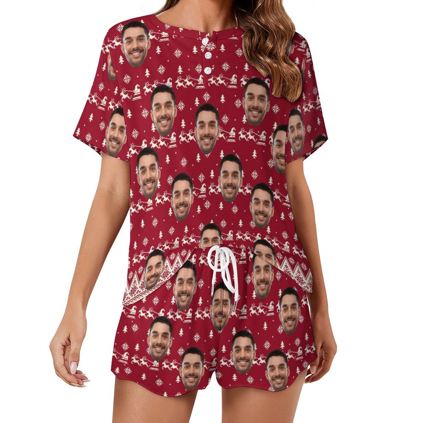 Custom Face Christmas Elk&Snowflake Red Print Pajama Set Women's Short Sleeve Top and Shorts Loungewear Athletic Tracksuits