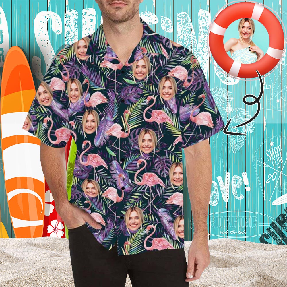 Custom Face Flamingo Men's All Over Print Hawaiian Shirt, Personalized Aloha Shirt With Photo Summer Beach Party As Gift for Vacation