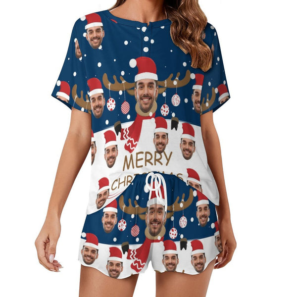 Custom Face Christmas Hat&Deer Horn Print Pajama Set Women's Short Sleeve Top and Shorts Loungewear Athletic Tracksuits