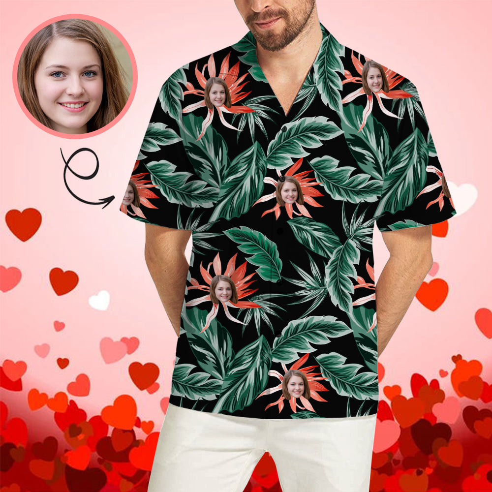 Custom Face Red Flowers Green Leaves Men's All Over Print Hawaiian Shirt