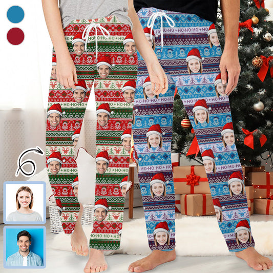 Personalized Long Pajama Pants Unisex Lacing Custom Face Christmas Hat Sleepwear Slumber Party