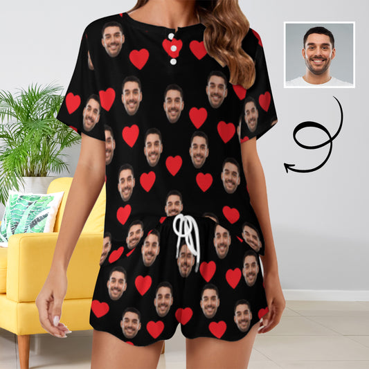 Custom Face Your Lover&Heart Print Pajama Set Women's Short Sleeve Top and Shorts Loungewear Athletic Tracksuits