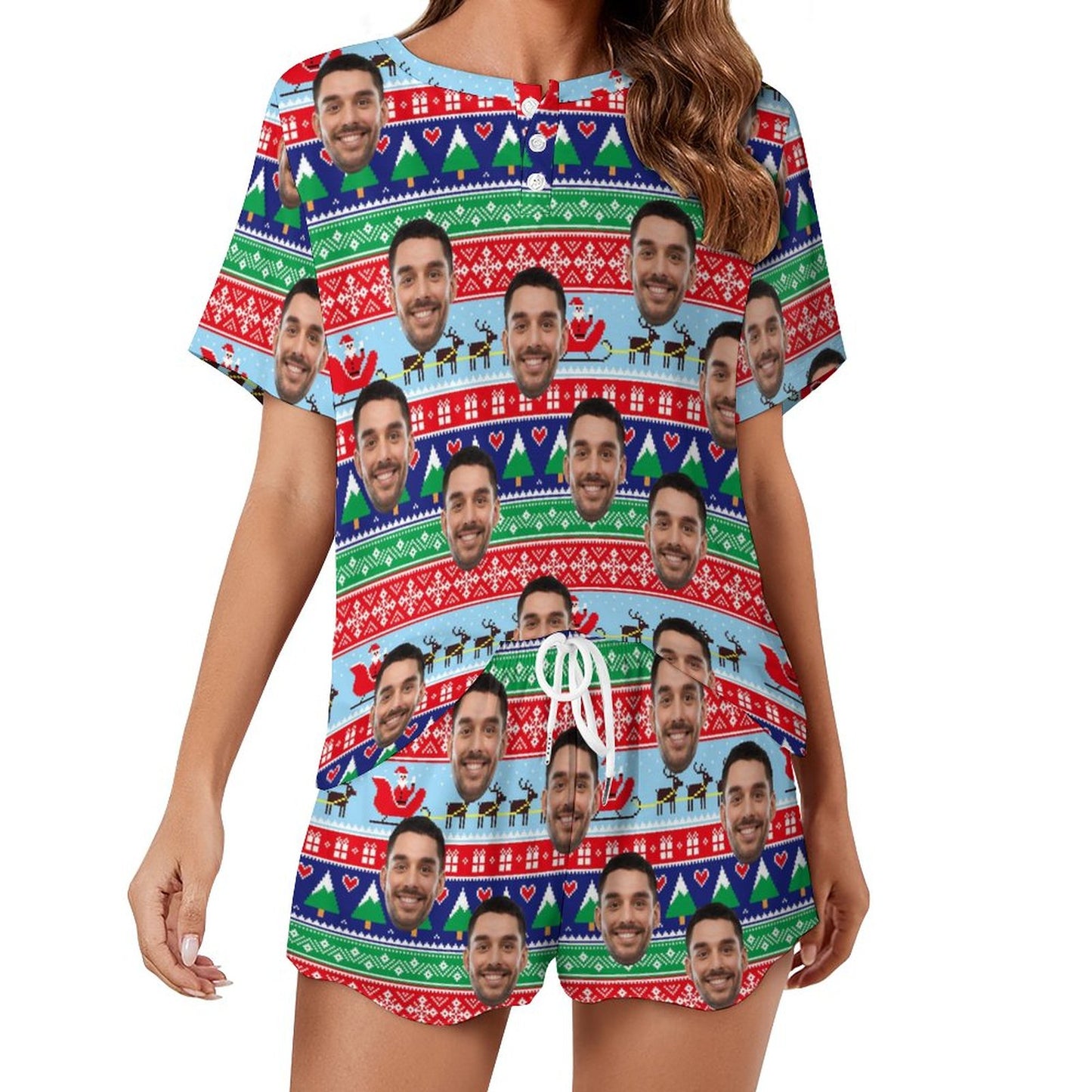 Custom Face Colorful Christmas Print Pajama Set Women's Short Sleeve Top and Shorts Loungewear Athletic Tracksuits