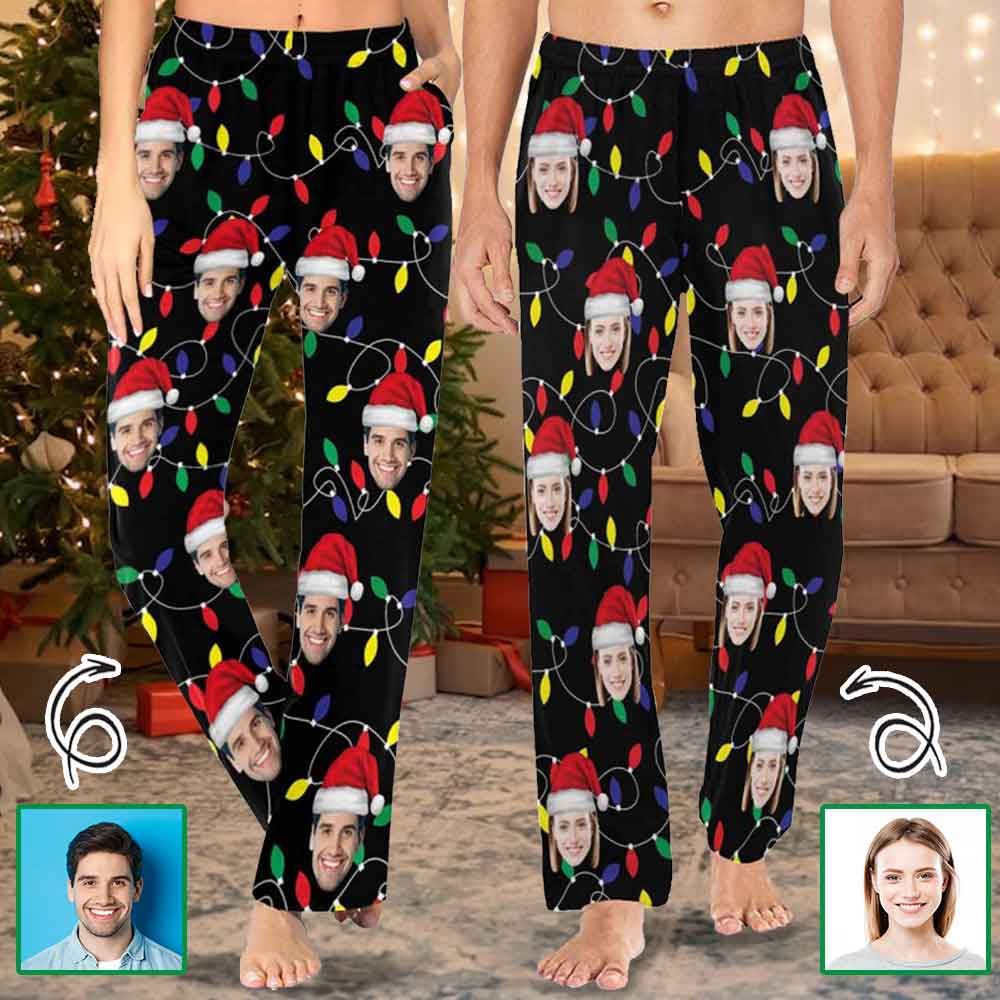 Personalized Long Pajama Pants for Men&Women Custom Face Colored Light Bulbs Christmas Santa Hats Sleepwear Slumber Party