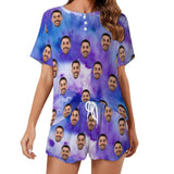 Custom Face Bandhnu Purple Print Pajama Set Women's Short Sleeve Top and Shorts Loungewear Athletic Tracksuits