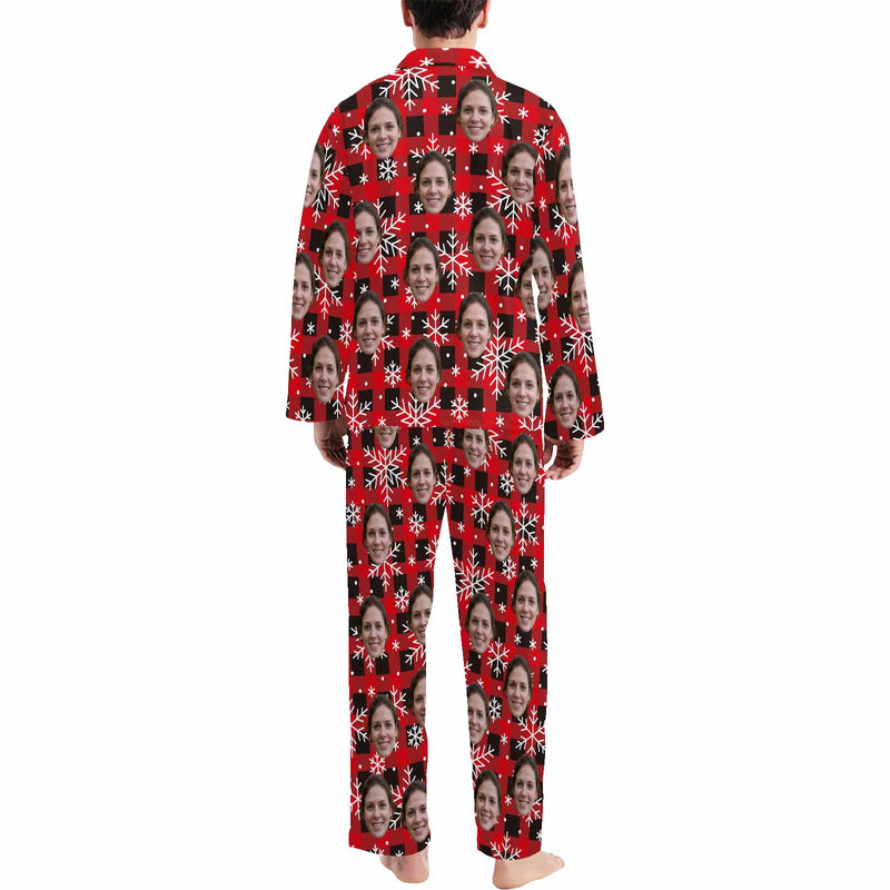 Custom Face Pajamas Red&Black Lattice Snowflake Sleepwear Personalized Men's Long Pajama Set