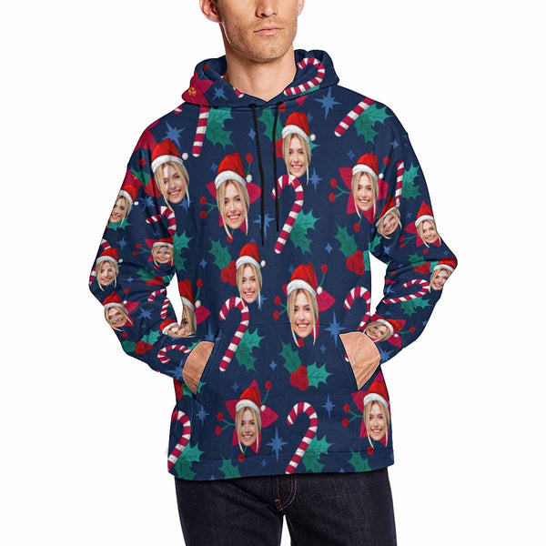 Printing Christmas Crutch&Flower Hoodie with Face, Custom Men's All Over Print Hoodie Surprise Gifts for Dad Husband Boyfriend