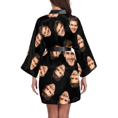 Custom Face My Boyfriend Black Women's Short Pajama Kimono Robe