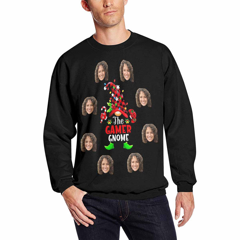 Personalized The Gamer Gnome Sweater With Face, Custom Photo Men's All Over Print Crewneck Sweatshirt