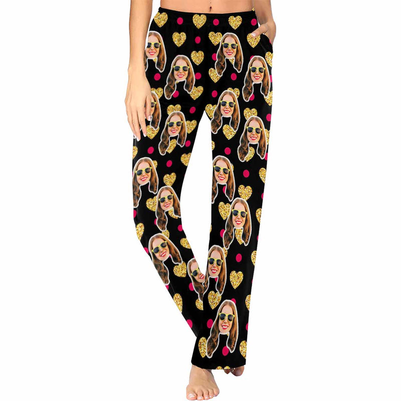 Custom Face Yellow Heart Sleepwear Personalized Women's Slumber Party Long Pajama Pants