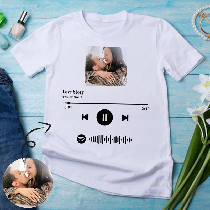 Custom Photo Love Story White Scannable Spotify Code T-shirt Personalized Women's All Over Print T-shirt