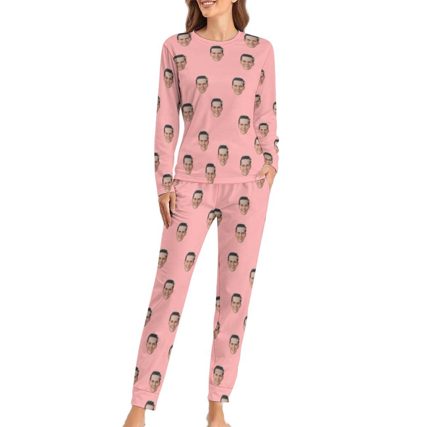 Custom Face Pajamas Boyfriend Pink Sleepwear Personalized Women's Crewneck Long Pajamas Set