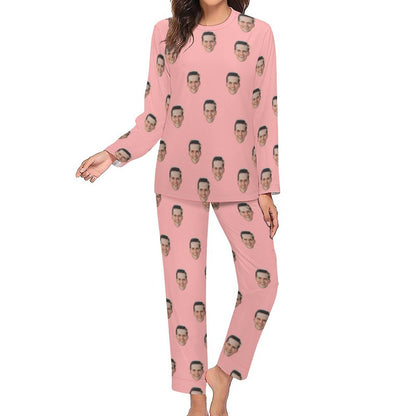 Custom Face Pajamas Boyfriend Pink Sleepwear Personalized Women's Crewneck Long Pajamas Set