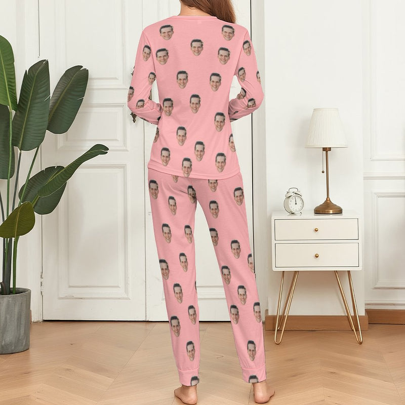 Custom Face Pajamas Boyfriend Pink Sleepwear Personalized Women's Crewneck Long Pajamas Set