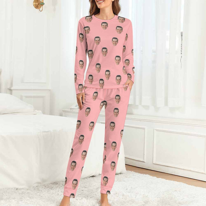 Custom Face Pajamas Boyfriend Pink Sleepwear Personalized Women's Crewneck Long Pajamas Set
