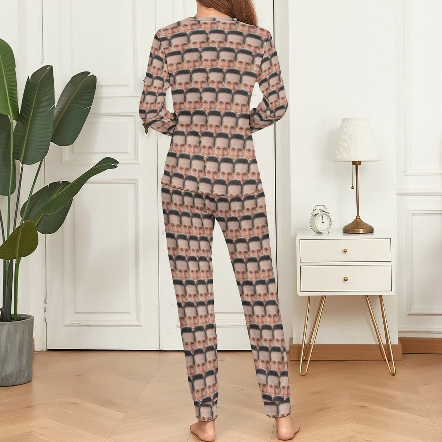 Custom Face Pajamas Boyfriend Seamless Sleepwear Personalized Women's Crewneck Long Pajamas Set