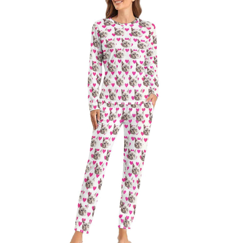 Custom Face Pajamas Cat&Heart Pink Sleepwear Personalized Women's Crewneck Long Pajamas Set