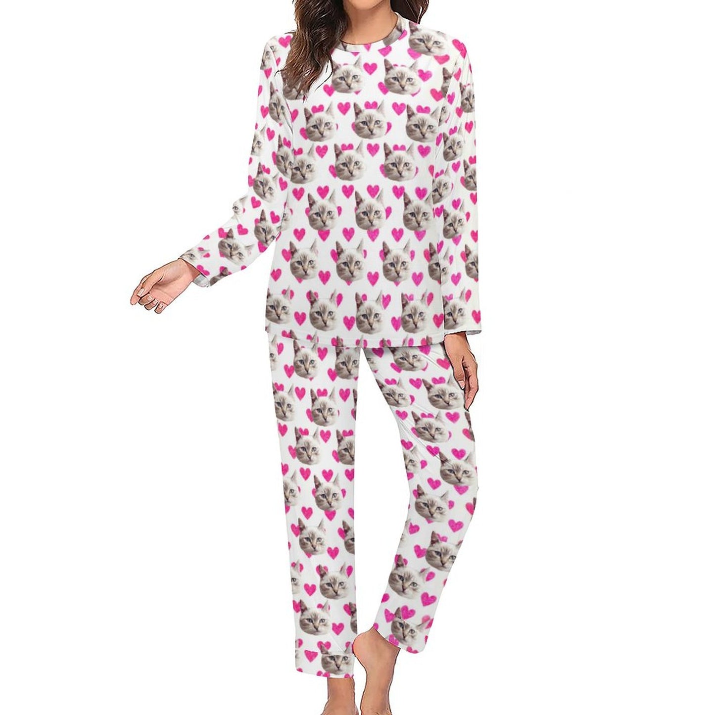 Custom Face Pajamas Cat&Heart Pink Sleepwear Personalized Women's Crewneck Long Pajamas Set