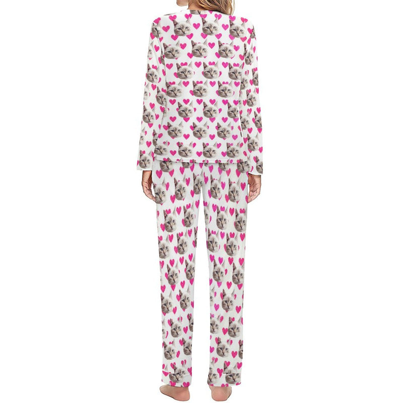 Custom Face Pajamas Cat&Heart Pink Sleepwear Personalized Women's Crewneck Long Pajamas Set