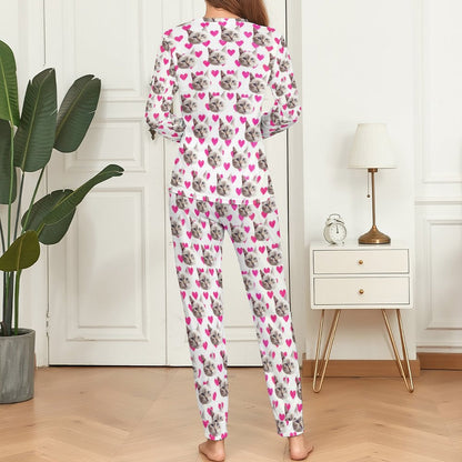 Custom Face Pajamas Cat&Heart Pink Sleepwear Personalized Women's Crewneck Long Pajamas Set