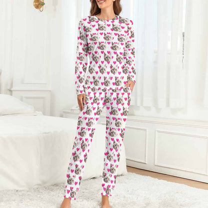 Custom Face Pajamas Cat&Heart Pink Sleepwear Personalized Women's Crewneck Long Pajamas Set