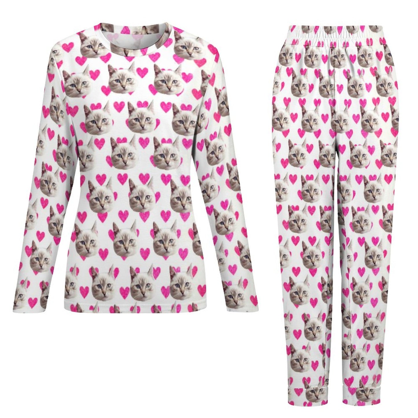 Custom Face Pajamas Cat&Heart Pink Sleepwear Personalized Women's Crewneck Long Pajamas Set