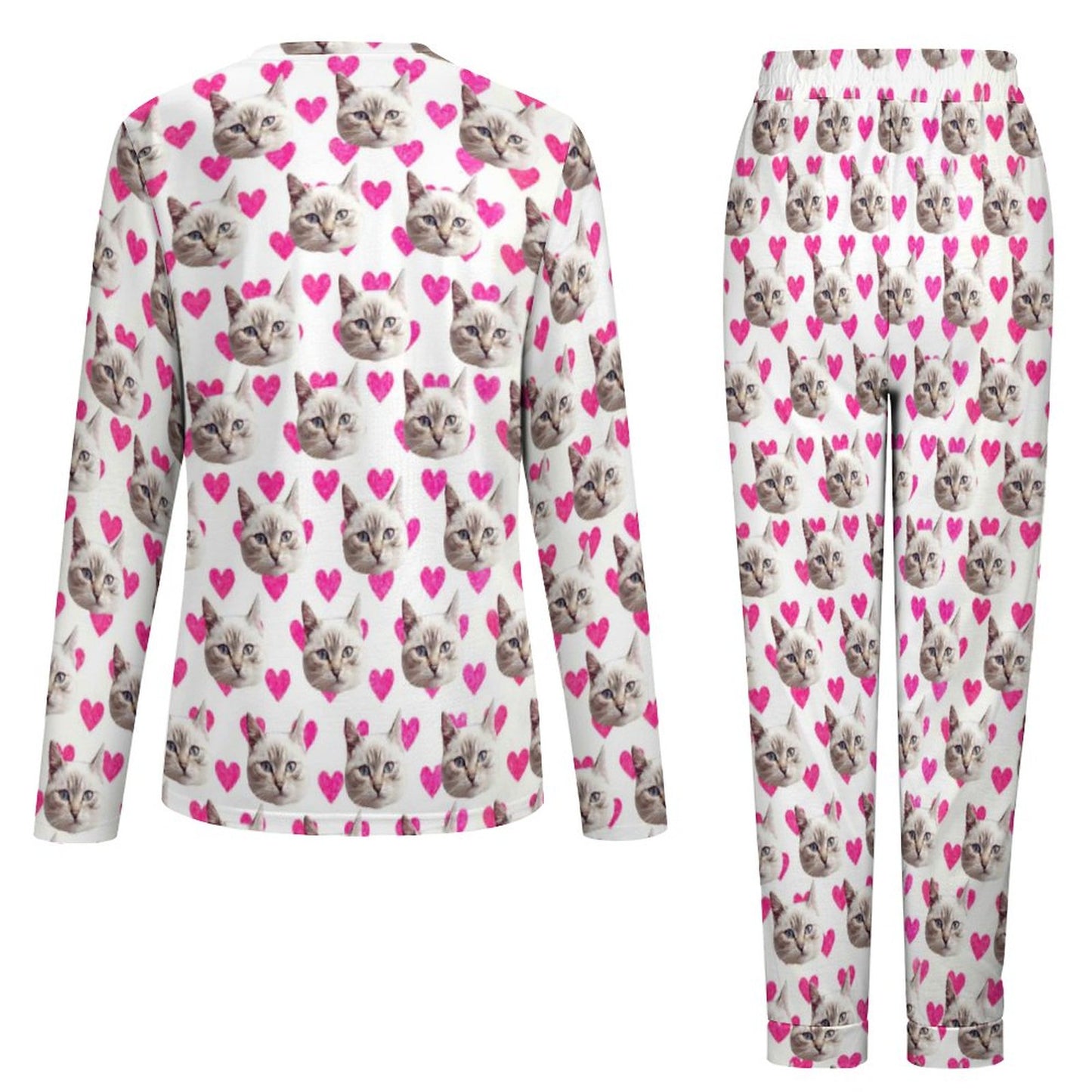 Custom Face Pajamas Cat&Heart Pink Sleepwear Personalized Women's Crewneck Long Pajamas Set