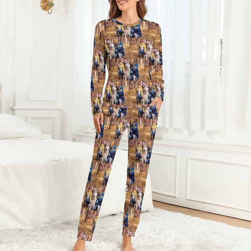 Custom Face Pajamas Family Seamless Sleepwear Personalized Women's Crewneck Long Pajamas Set