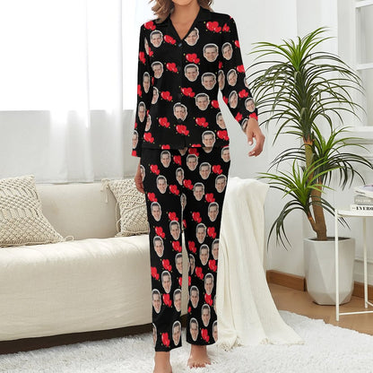 Custom Face Pajamas Boyfriend Heart Black Sleepwear Personalized Women's Long Pajama Set